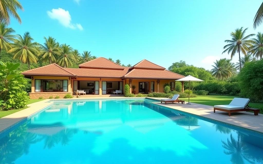Luxurious private villa with pool overlooking lush landscape and sky in Goa