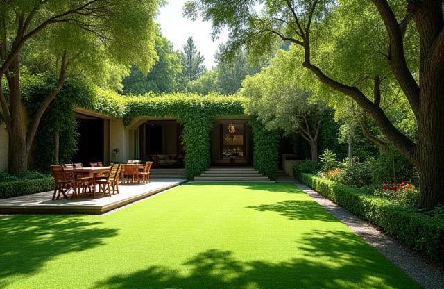 Lush green garden area of Palácio Verde villa with patio seating